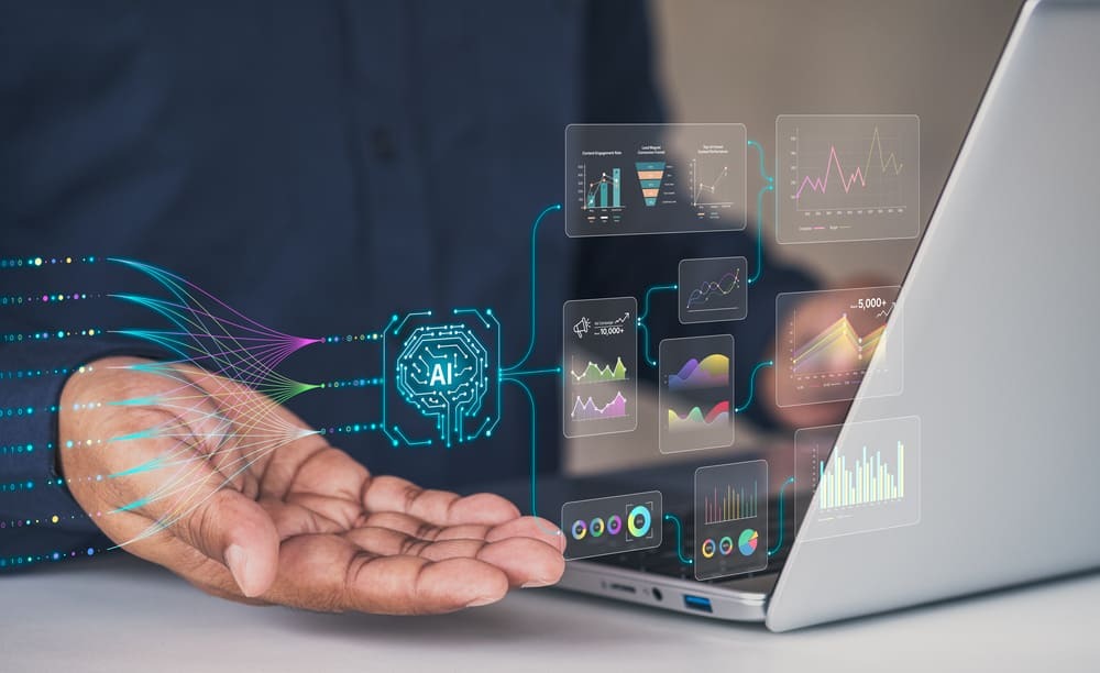 Interface com dashboards e gráficos conectados a inteligência artificial saindo de um notebook, representando análise de dados e implementação de enterprise AI nas empresas.