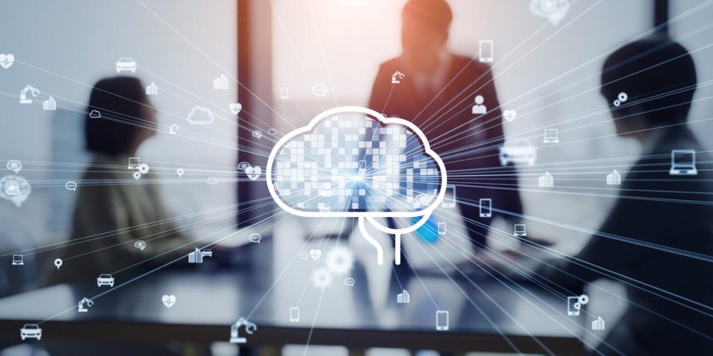 Ilustração de inteligência artificial aplicada a negócios com ícones digitais conectados sobre fundo corporativo, representando análise de dados e automação