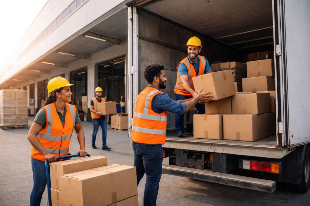 Equipe logística carregando caixas em caminhão de entrega na área externa de centro de distribuição