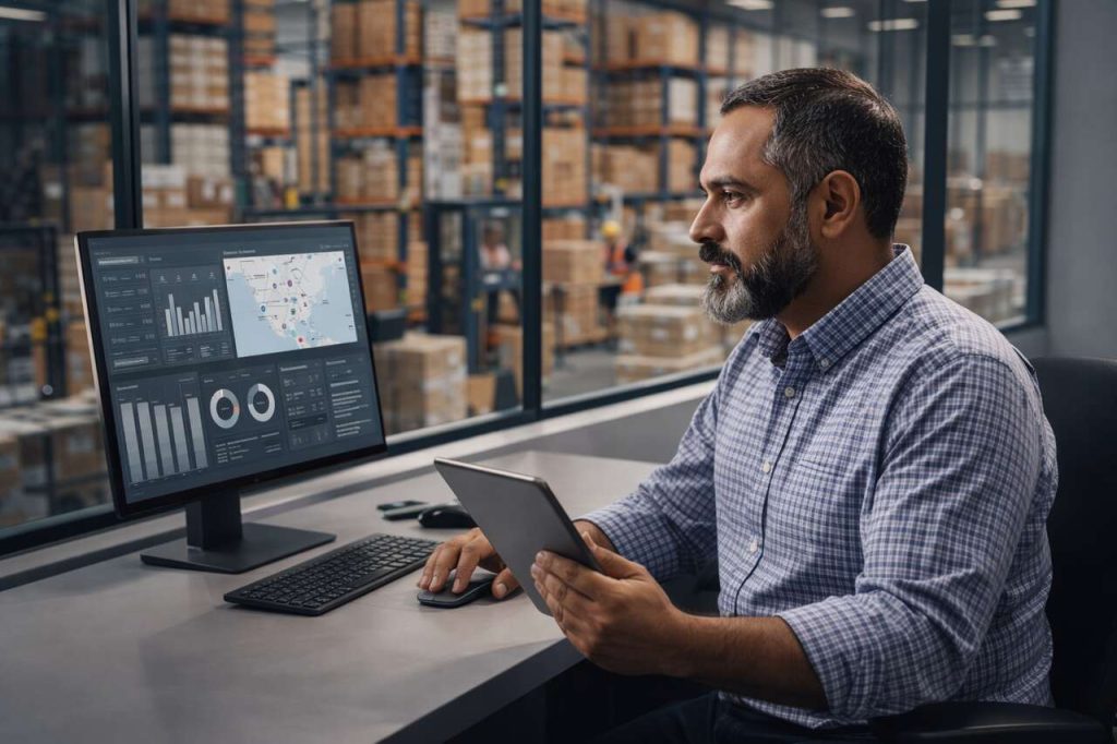 Gestor logístico analisando dados em computador e tablet em escritório com parede de vidro e armazém ao fundo