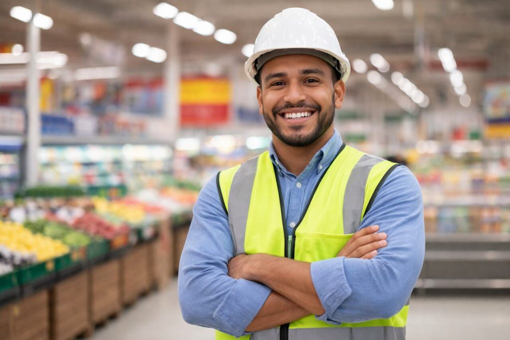 Profissional de segurança do trabalho em supermercado avaliando riscos no ambiente