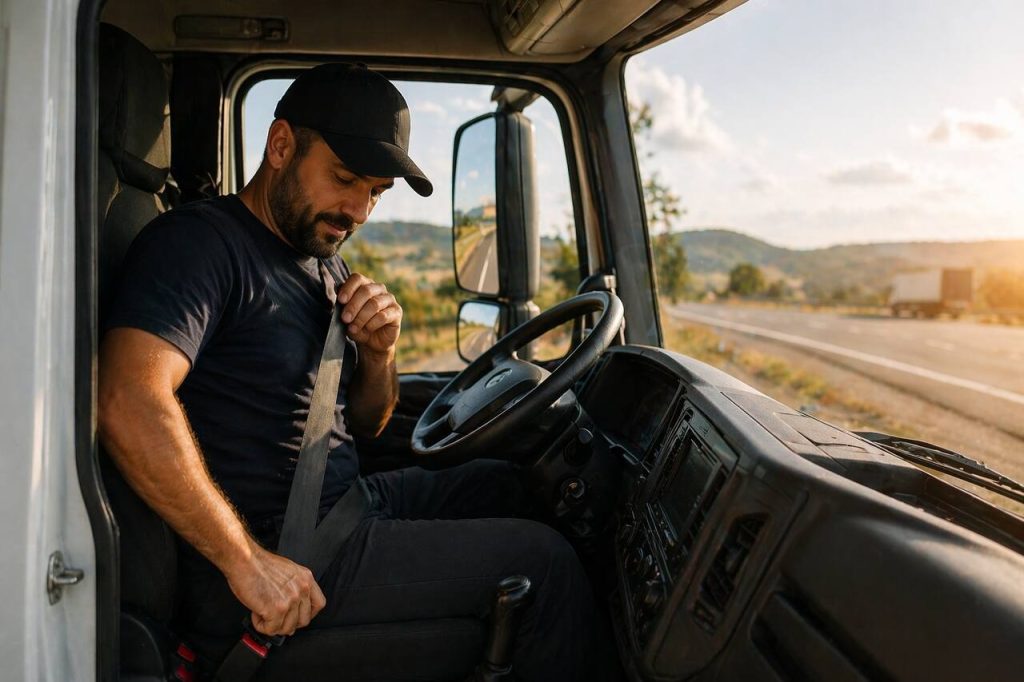 Caminhoneiro colocando o cinto de segurança em veículo parado na estrada, reforçando boas práticas do Maio Amarelo