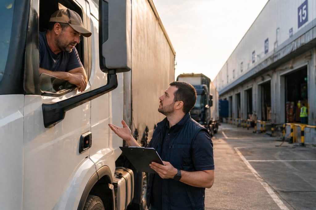Motorista de caminhão conversando com operador logístico com prancheta durante atraso na entrega, representando gargalos e taxa de dificuldade de entrega (TDE)