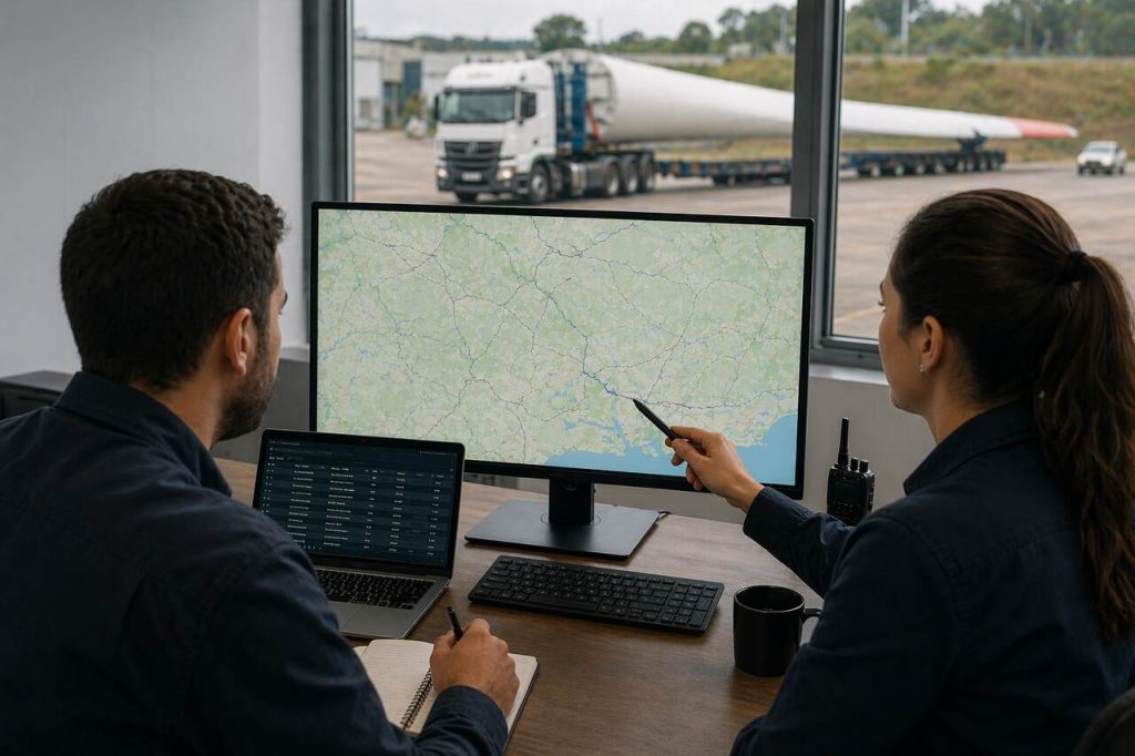 Equipe de logística analisando rota de transporte de cargas indivisíveis em mapa digital, com caminhão ao fundo