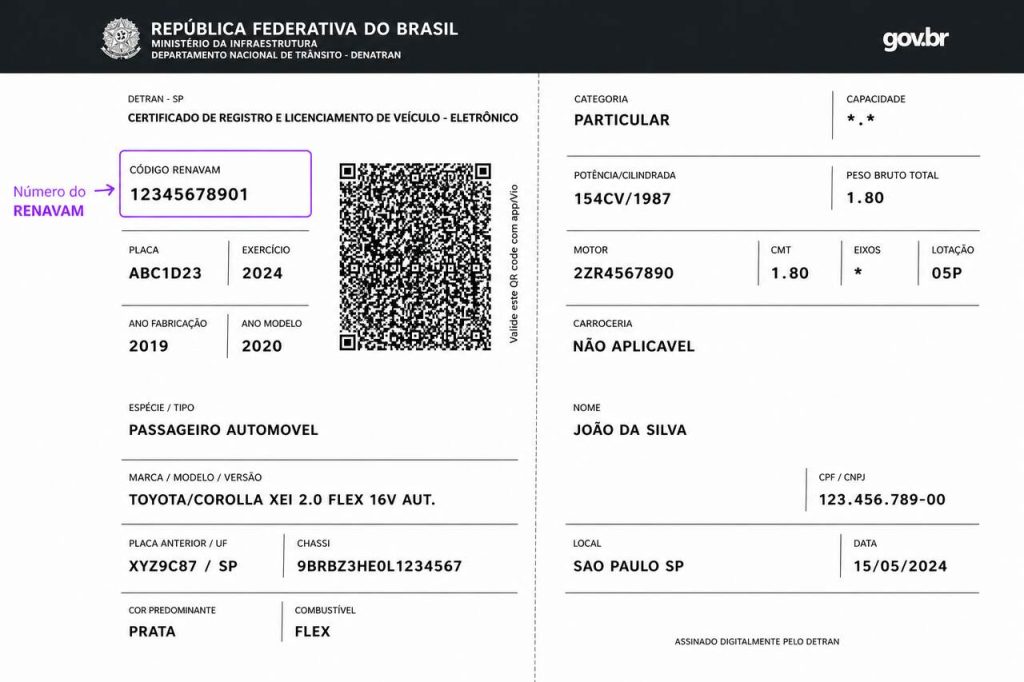 Exemplo de CRLV com destaque para o número do RENAVAM no documento do veículo
