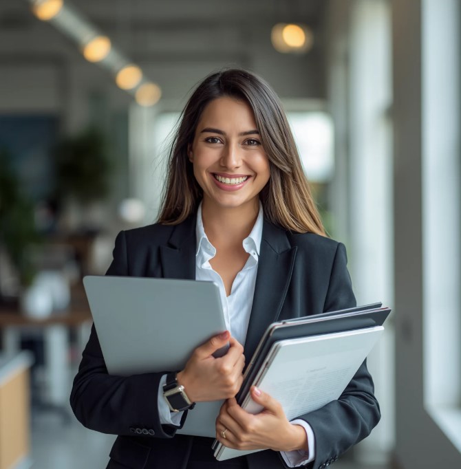 Dia do Profissional de RH: profissional de recursos humanos sorrindo em escritório moderno enquanto segura notebook e documentos em ambiente corporativo.