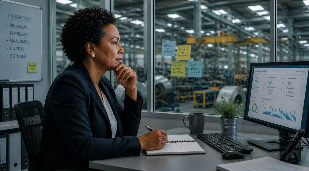 Gestora analisando indicadores de produção em escritório industrial com dashboard em tela, representando uso de ERP para indústria metalúrgica na tomada de decisão.