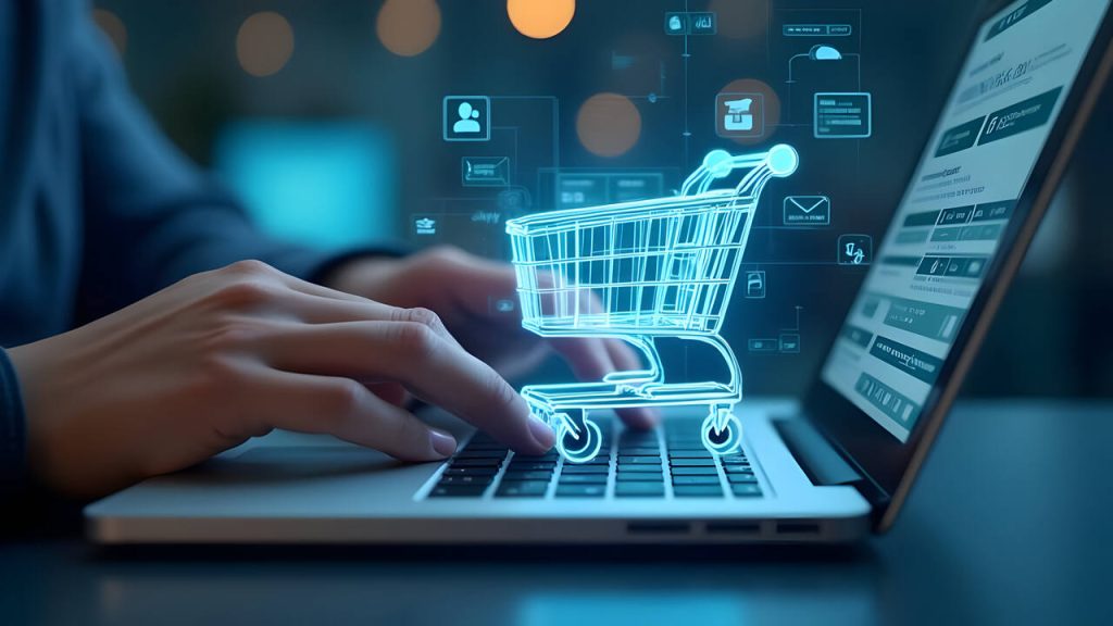 Pessoa usando notebook para compra online, com carrinho virtual em destaque e elementos digitais de e-commerce e pagamento, representando BOPIS