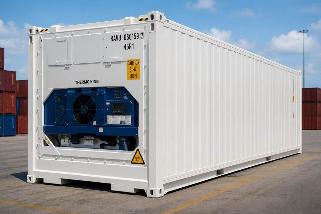 Container refrigerado reefer utilizado no transporte de cargas perecíveis e mercadorias com controle de temperatura