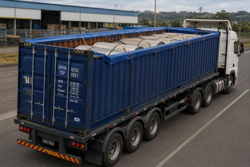 Open top container carregado em caminhão para transporte de cargas industriais de grande dimensão