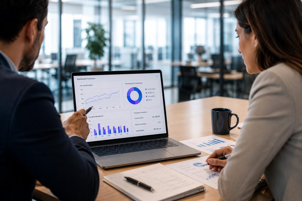 Executivos analisando dashboard financeiro em notebook durante reunião corporativa sobre crédito, risco e indicadores financeiros