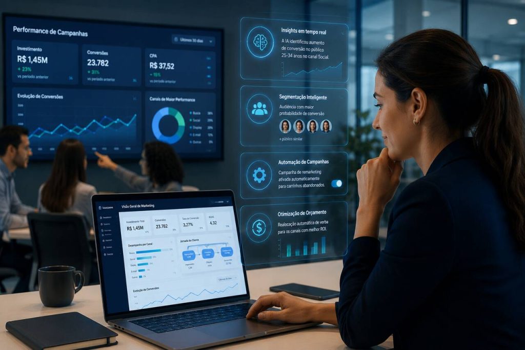 Mulher ao notebook analisando os dados resultantes de uma campanha, com dados que retratam o uso de IA no marketing digital