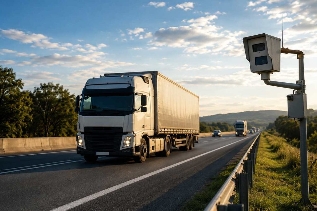 Caminhão passando por radar em rodovia durante fiscalização eletrônica de velocidade