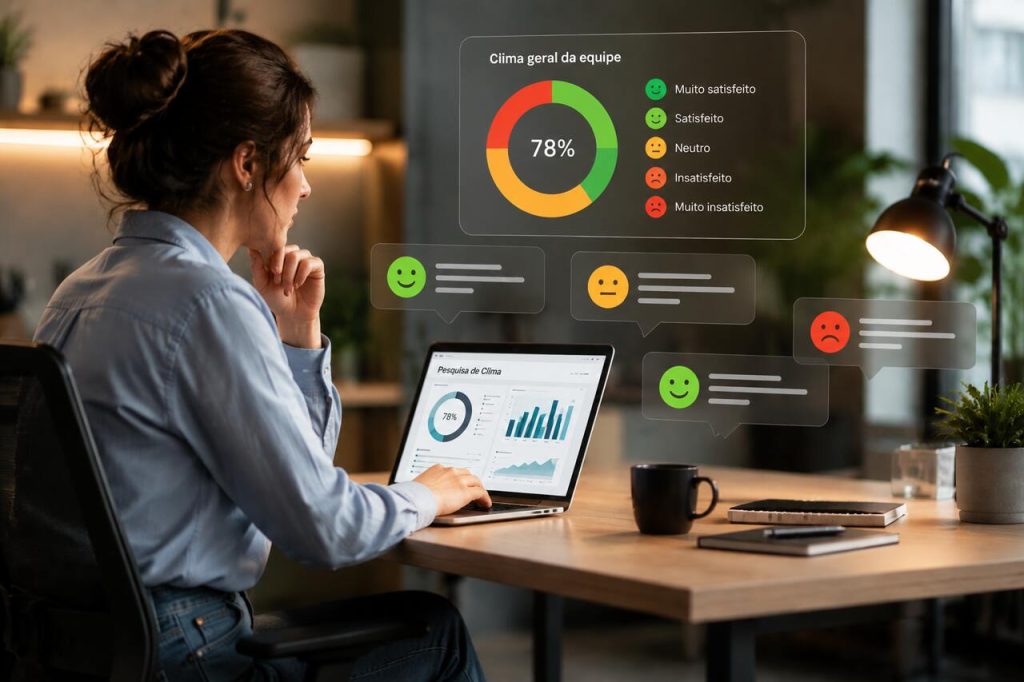 Gestora em escritório corporativo aconchegante analisando dados  da pesquisa de clima organizacional e o feedback de colaboradores, com clima geral da equipe disposto em gráfico pizza.