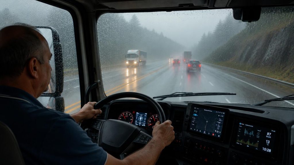 Motorista de caminhão dirigindo em rodovia sob chuva e neblina, ilustrando os riscos das condições adversas do veículo e do clima para a segurança da frota.