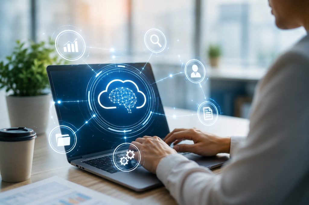 Profissional trabalhando em notebook com ícones digitais representando inteligência artificial em cloud, automação, integração de dados e computação em nuvem em ambiente corporativo moderno.
