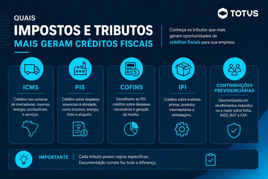 infográfico sobre impostos e tributos que geram créditos fiscais