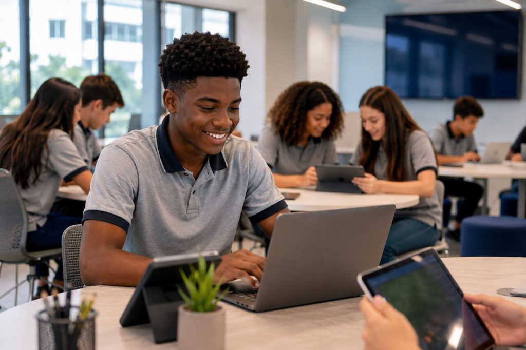 Estudante utilizando notebook em sala de aula moderna com tecnologia educacional e aprendizagem colaborativa em ambiente escolar contemporâneo.