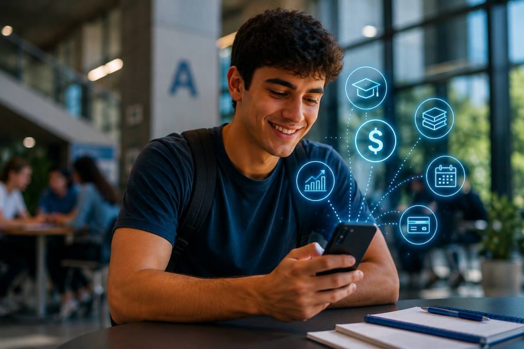 Estudante universitário usando celular em ambiente moderno de faculdade, com ícones digitais azuis relacionados a financiamento estudantil, pagamentos e educação ao redor do aparelho.