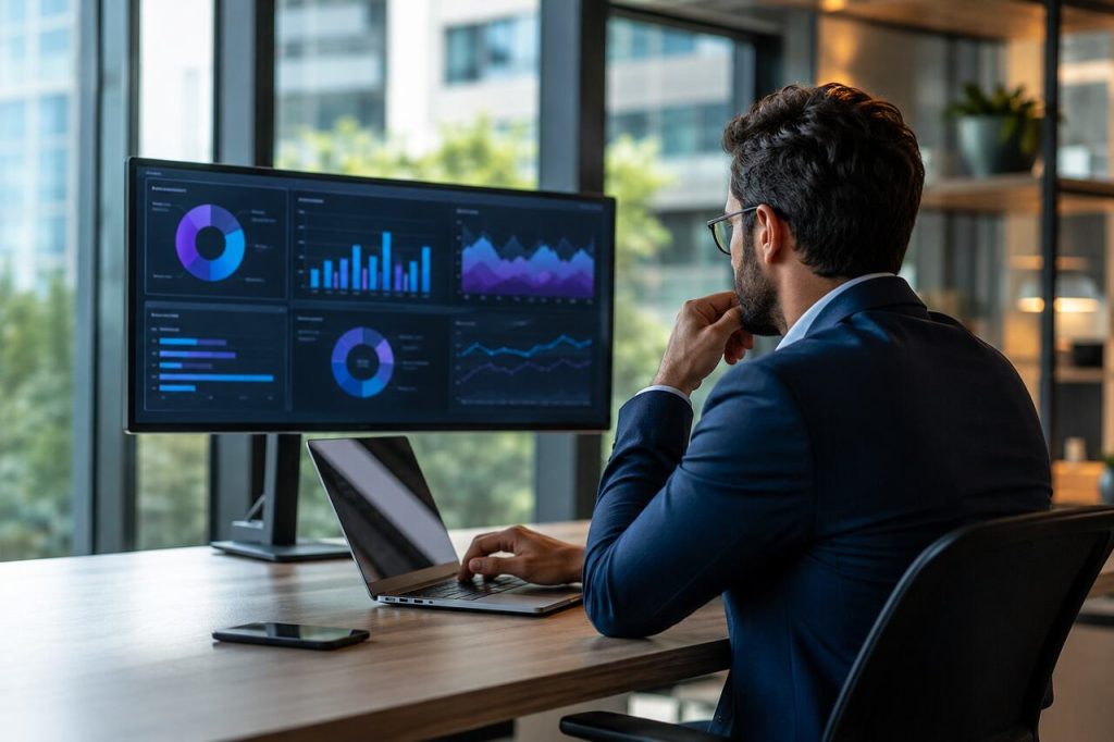 Gestor utilizando dashboards e indicadores em tempo real em ambiente corporativo moderno, ilustrando ferramentas de BI e Business Intelligence.