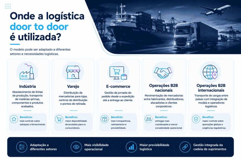 Infográfico mostrando aplicações da logística door to door na indústria, varejo, e-commerce e operações B2B nacionais e internacionais.
