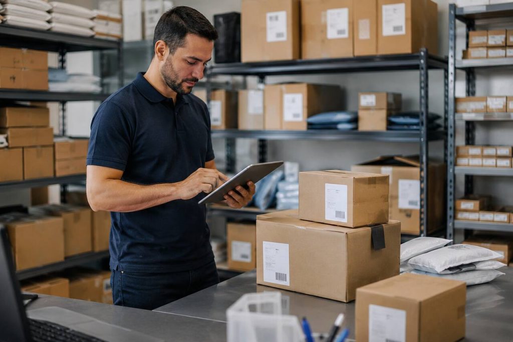 Operador logístico conferindo encomendas internacionais e informações de rastreamento em tablet dentro de um pequeno centro de distribuição
