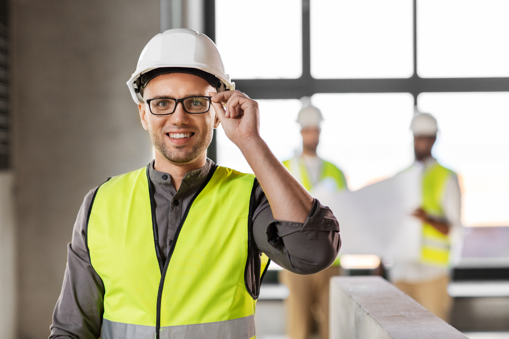 Engenheiro usando capacete e colete refletivo durante inspeção de segurança ocupacional conforme GRO corporativo