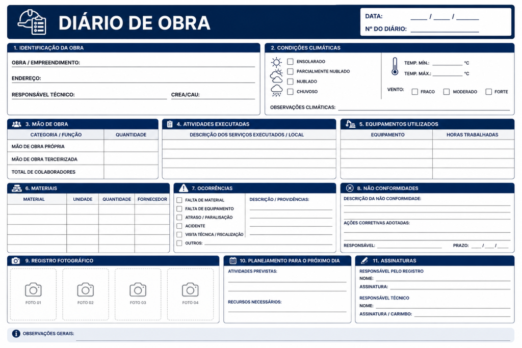 modelo de diário de obra