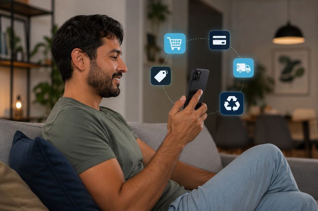 Consumidor realizando compras online pelo smartphone em casa, com ícones de carrinho, pagamento digital, entrega e economia circular representando a experiência de recommerce e comércio eletrônico