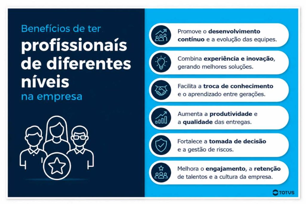 Infográfico apresenta benefícios da integração entre profissionais pleno, sênior, júnior para desenvolvimento organizacional.