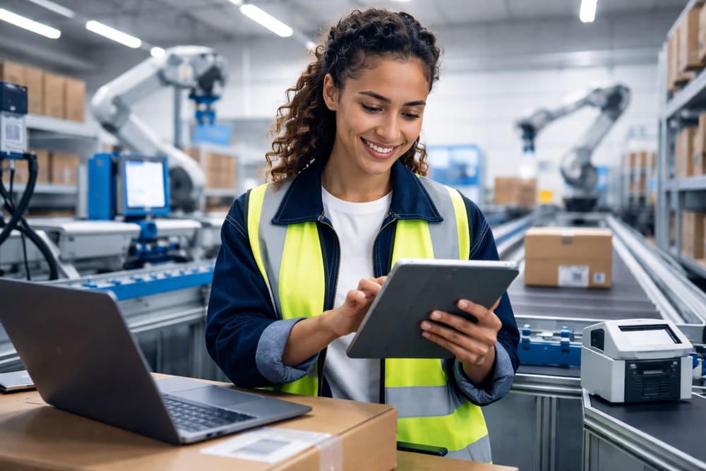 Colaboradora utiliza tablet em centro de distribuição automatizado com esteiras e robôs ao fundo, demonstrando como a tecnologia apoia a expansão logística e a automação de processos operacionais.