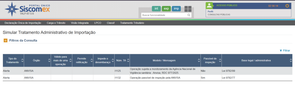 Tela do Portal Siscomex demonstrando simulação de tratamento administrativo para operações de importação.