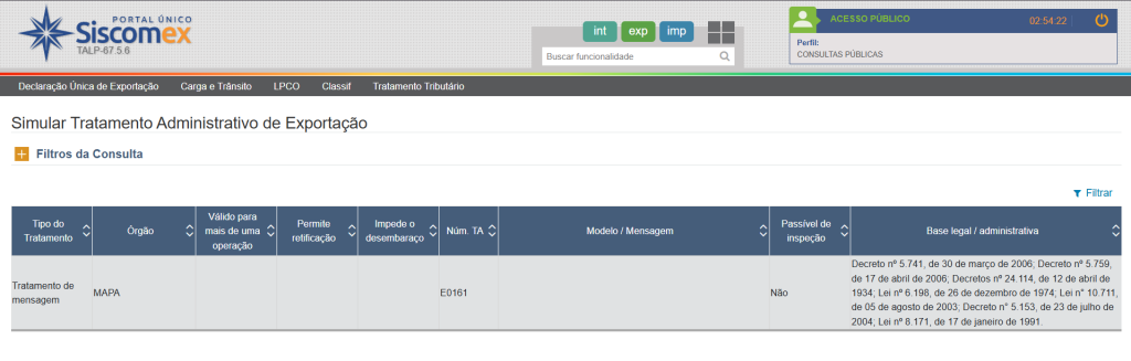 Tela do Portal Siscomex demonstrando simulação de tratamento administrativo para operações de exportação.