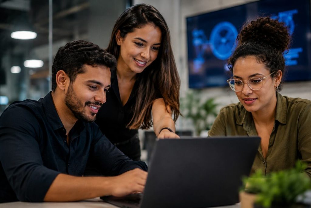 Equipe de profissionais colaborando em projeto com apoio de inteligência artificial no ambiente de trabalho.